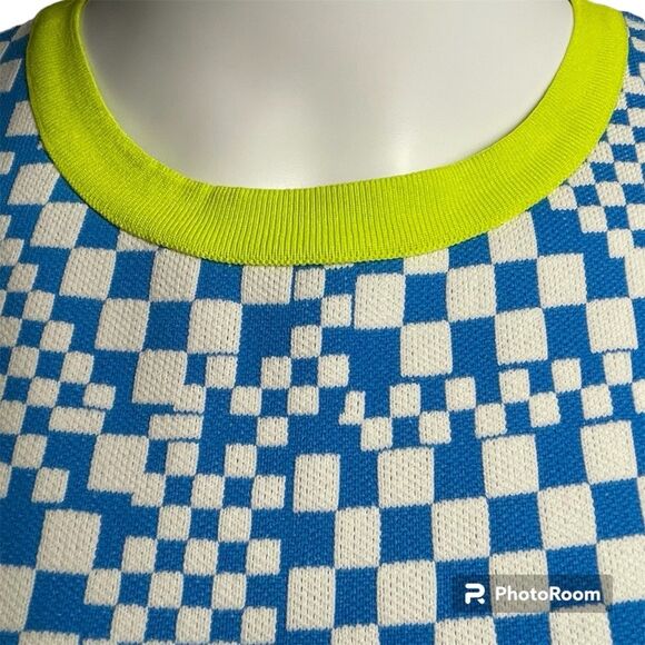 Zara Blue White Checker Print Neon Trim Knit Mod Sleeveless Mini Dress Size S - Picture 6 of 8